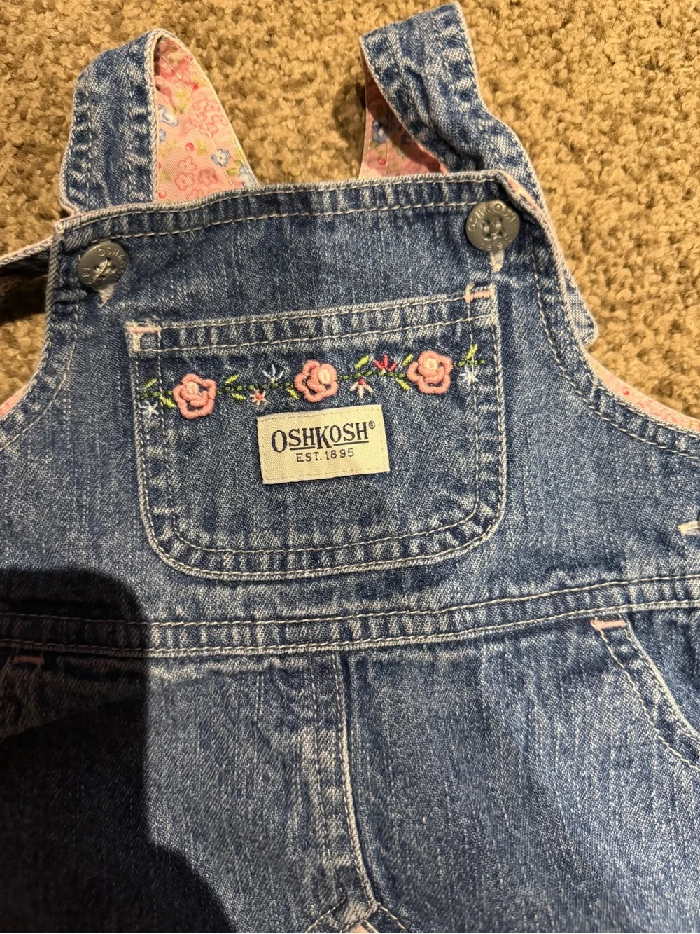 Vintage OshKosh B'gosh Denim Overall Dress with Pink Floral Accents